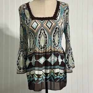Y2K Dressbarn Boho Festival Top Size‎ PL Bell Sleeve Geometric 70s Retro Fairy